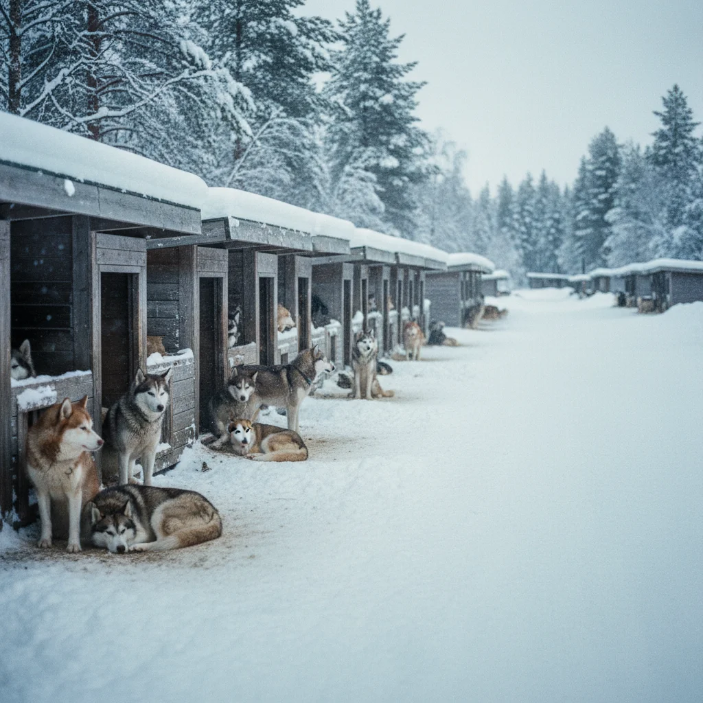 Husky-Camp in Norwegen mit vielen Schlittenhunden und verschneiten Zwingern