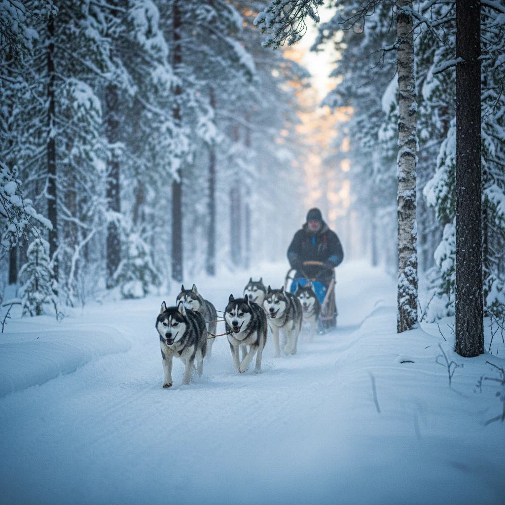 Huskygespann zieht einen Schlitten durch verschneiten Wald in Lappland