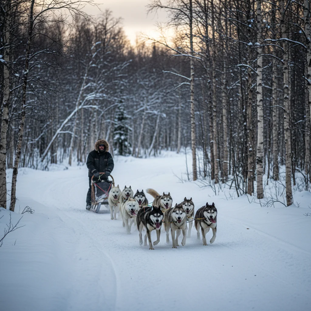 Musher steuert einen Hundeschlitten durch verschneite Birkenlandschaft in Norwegen