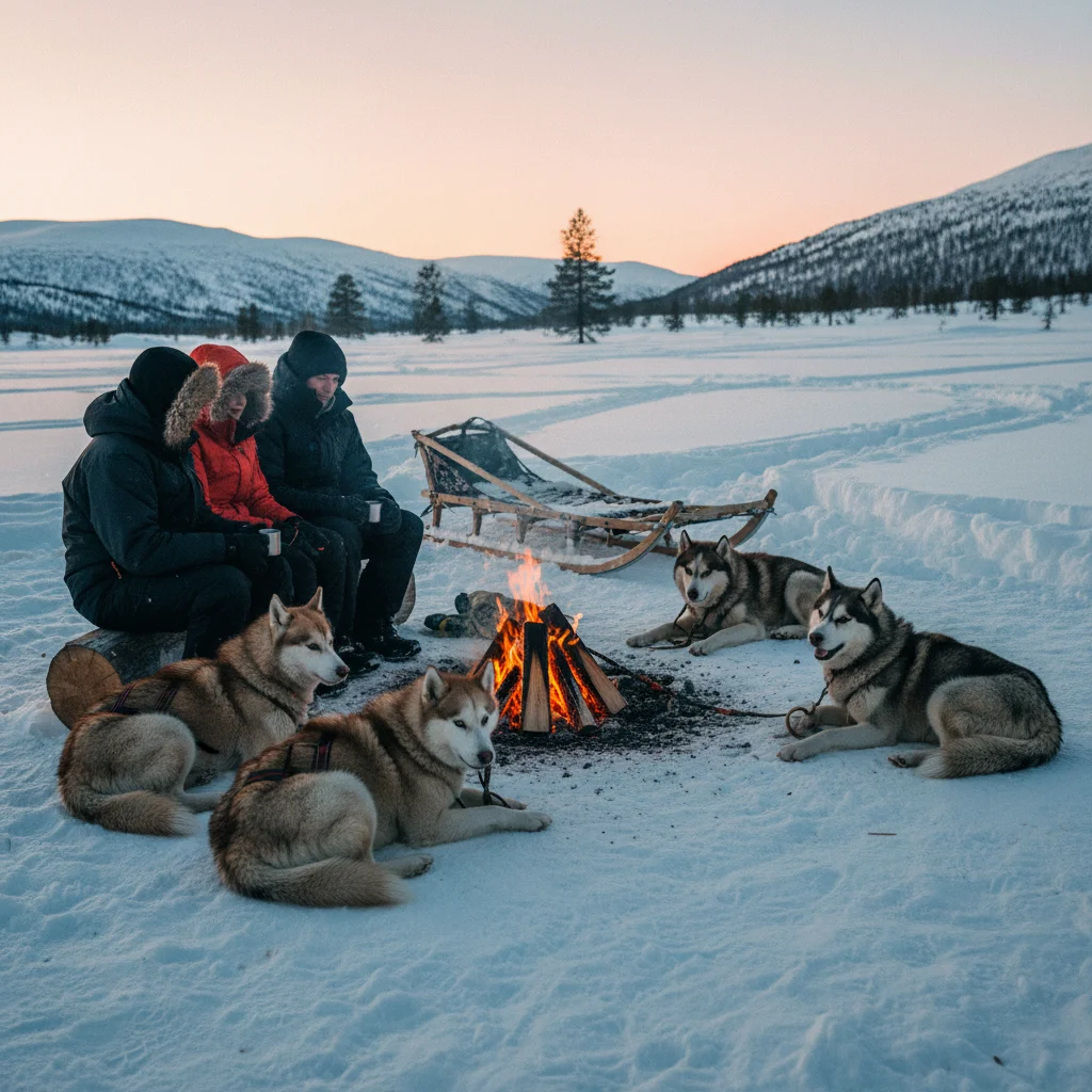 Pause am Lagerfeuer während einer Hundeschlittentour mit Huskys im Schnee