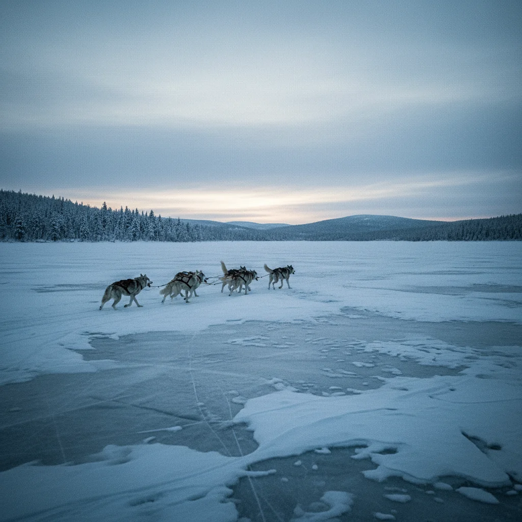 Hundeschlitten auf einem zugefrorenen See in Schwedisch-Lappland bei blauem Winterlicht