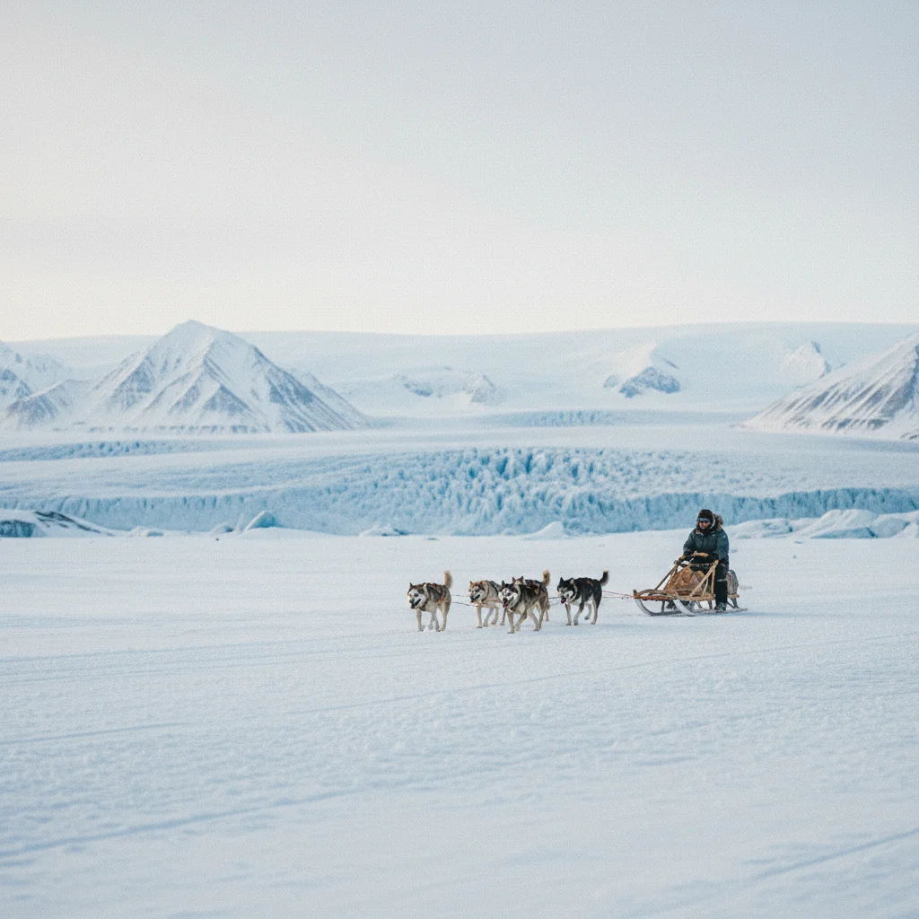 Hundeschlittengespann in der arktischen Landschaft von Svalbard mit Gletschern im Hintergrund