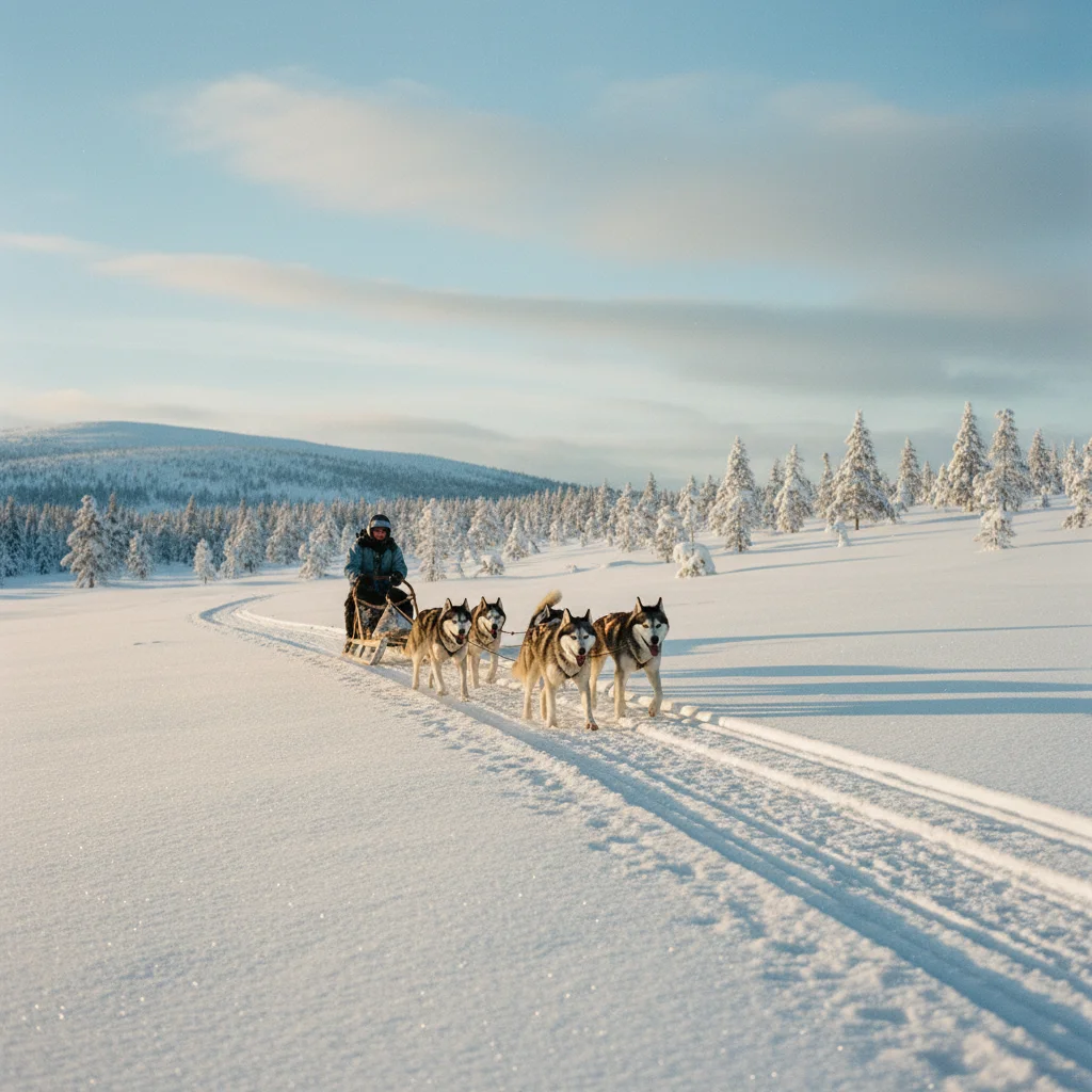 Husky-Team zieht einen Schlitten durch verschneite norwegische Winterlandschaft