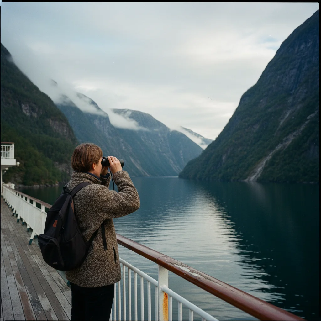 Passagiere auf dem Deck eines Hurtigruten-Schiffes mit Fjordblick