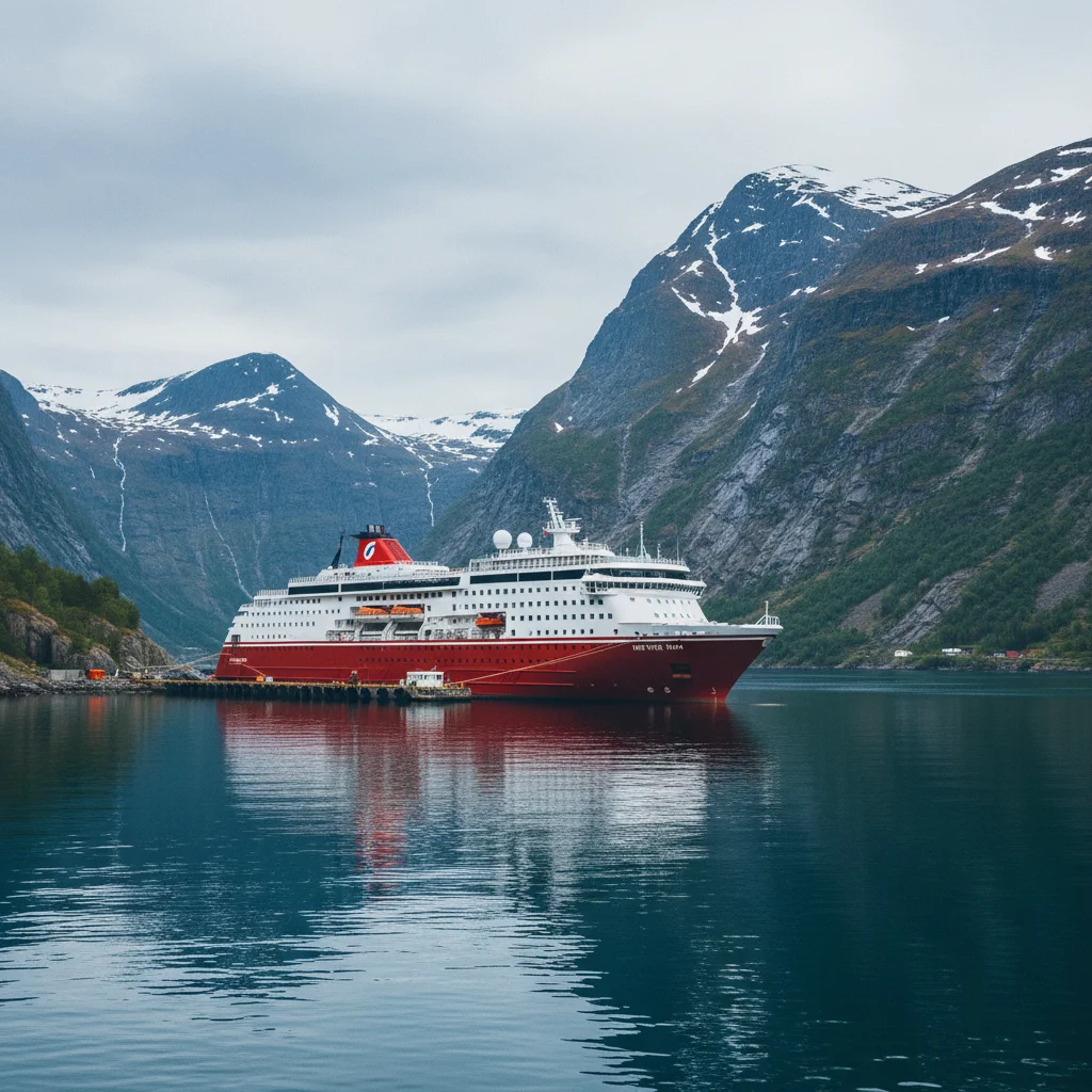 Hurtigruten-Schiff an einem kleinen norwegischen Hafen mit Bergen im Hintergrund