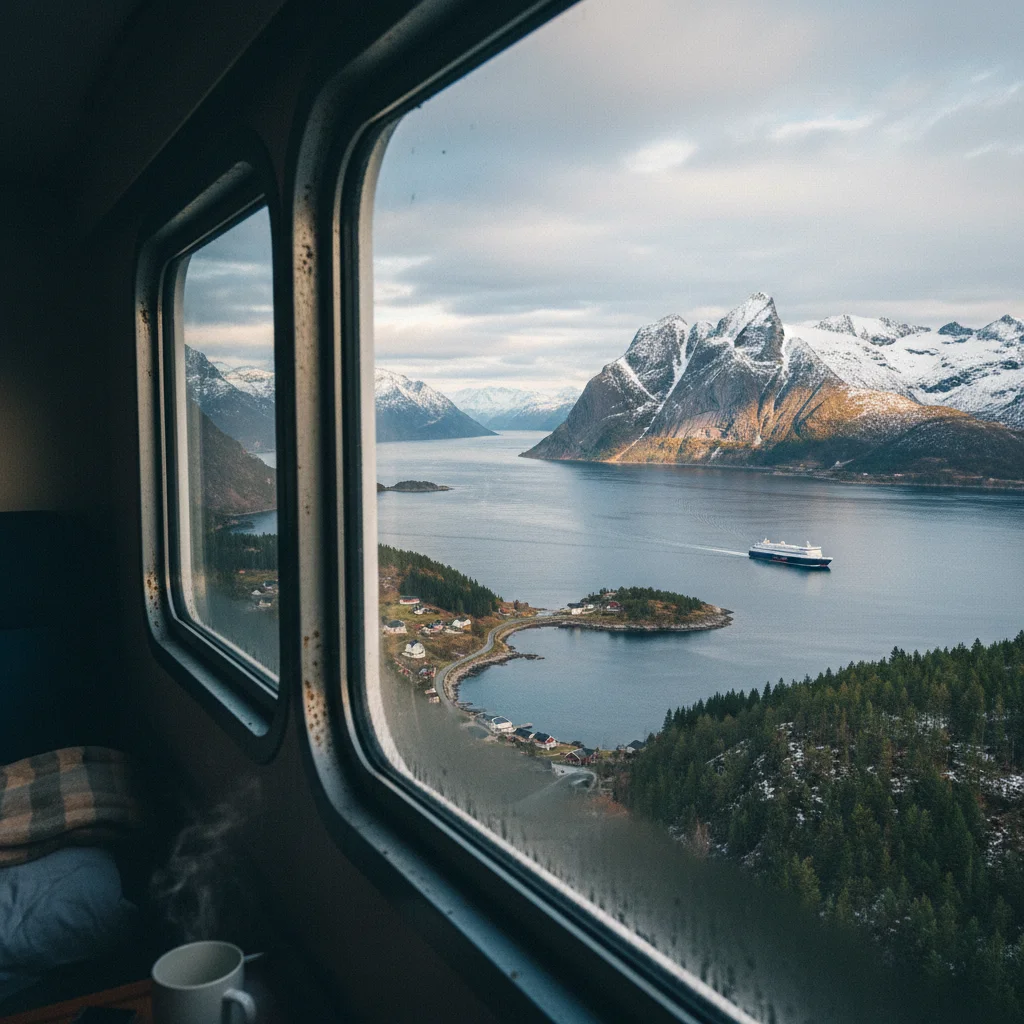 Blick aus einer Hurtigruten-Außenkabine auf die norwegische Küstenlandschaft