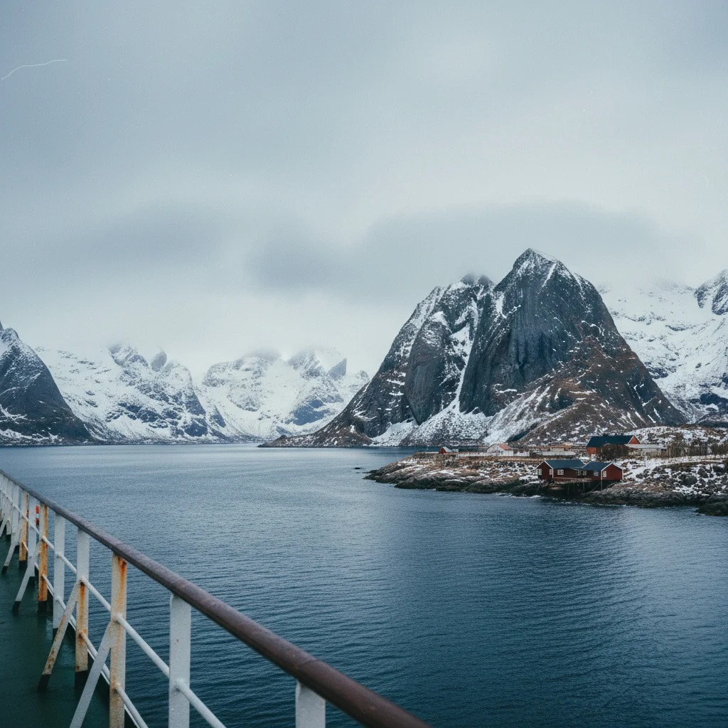 Norwegische Küstenlandschaft mit schneebedeckten Bergen vom Schiff aus gesehen
