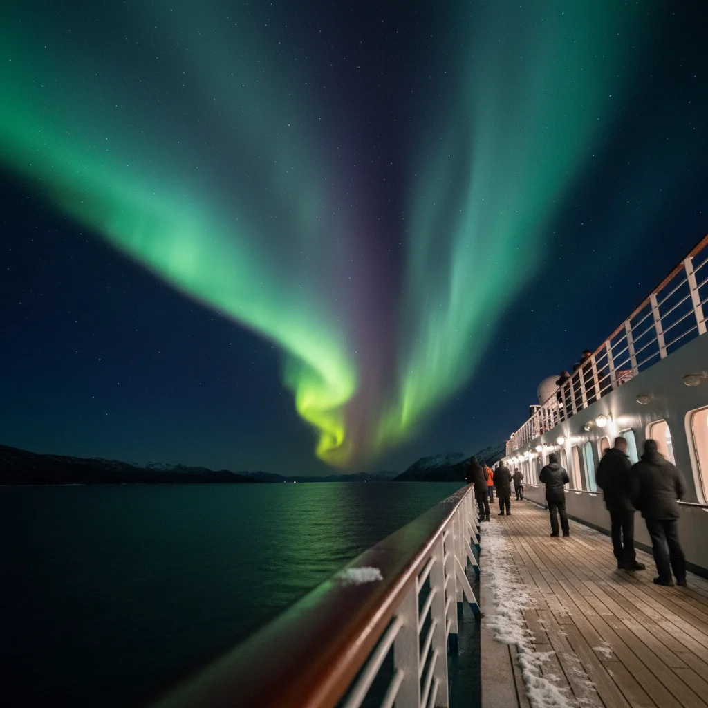 Nordlichter vom Deck eines Hurtigruten-Schiffs in Nordnorwegen