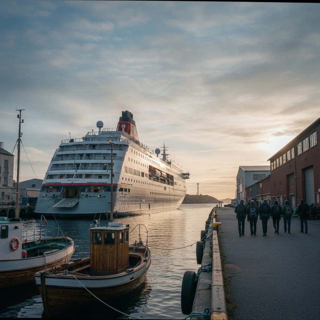 Hurtigruten-Schiff im norwegischen Hafen bei Sonnenuntergang