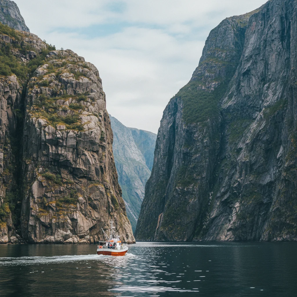 Schmale Einfahrt in den Trollfjord mit steil aufragenden Felswänden