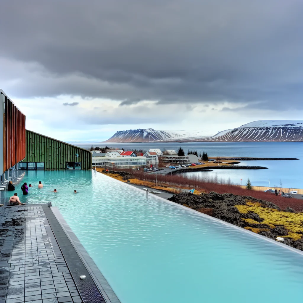 GeoSea Geothermalbad in Húsavík mit Blick über die Skjálfandi-Bucht