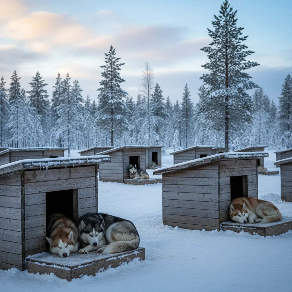 Husky-Farm in Finnisch-Lappland mit Huskys in ihren Hütten
