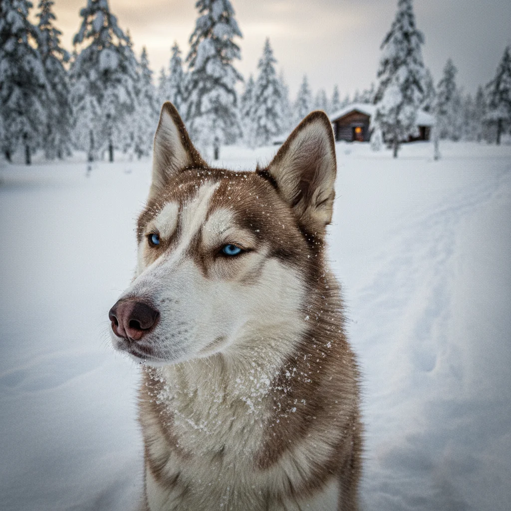 Porträt eines Siberian Husky mit blauen Augen in Lappland