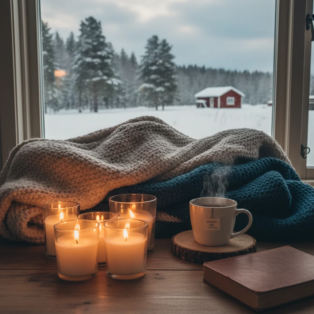 Gemütliche Hygge-Atmosphäre mit Kerzen und Wolldecken