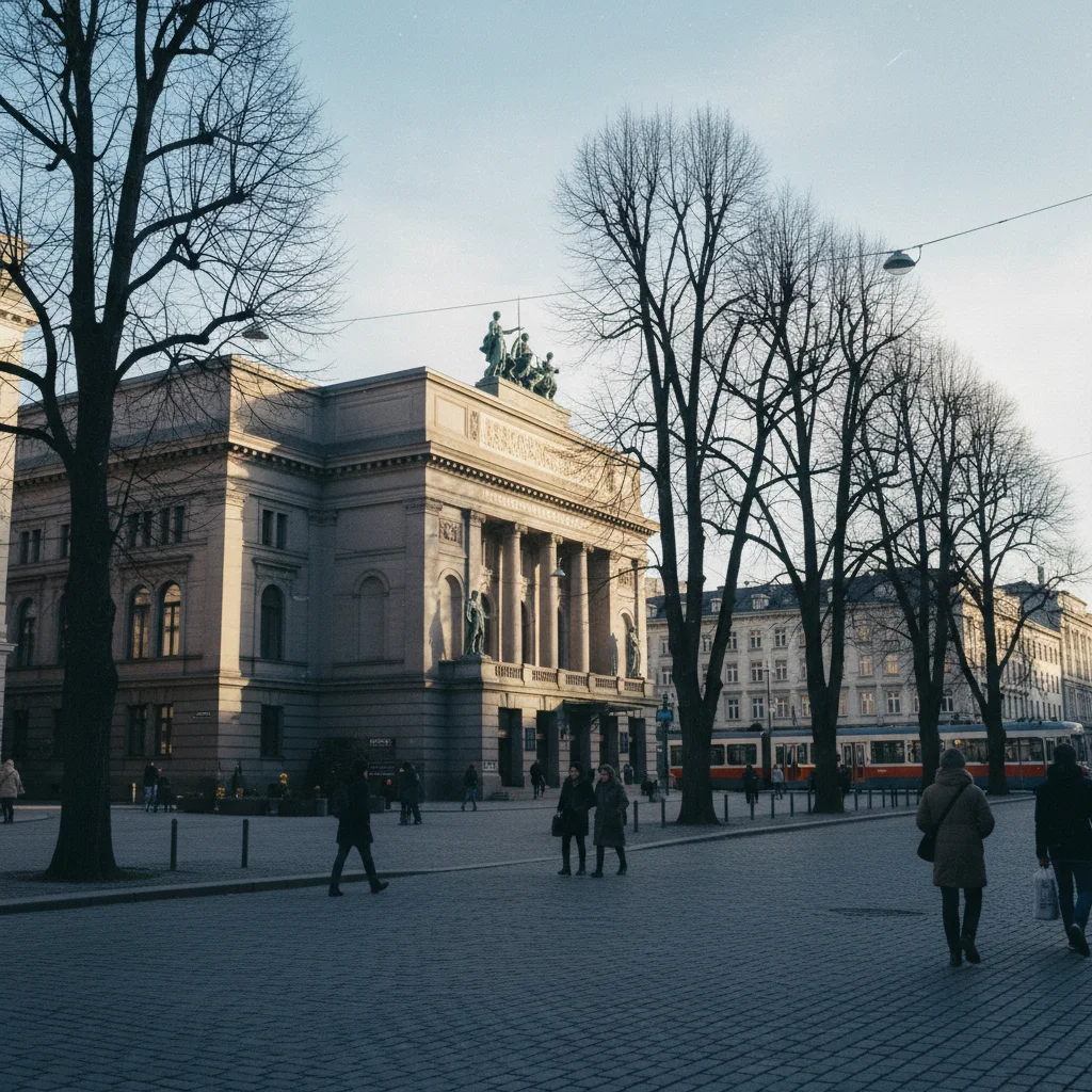 Das Nationaltheater in Oslo mit Ibsen-Statue davor