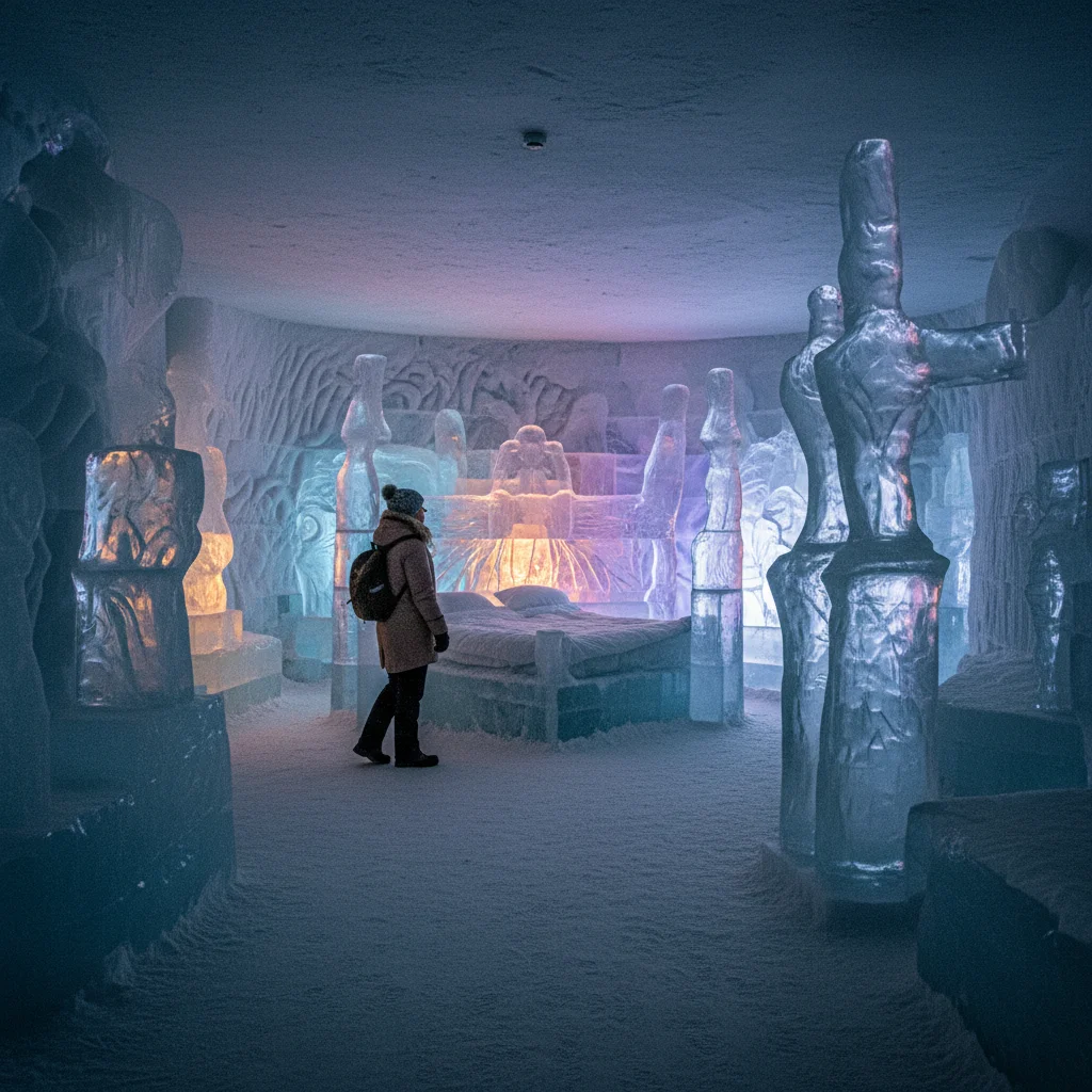 Art Suite im Icehotel mit aufwendig geschnitzten Eisskulpturen und kunstvoller Beleuchtung