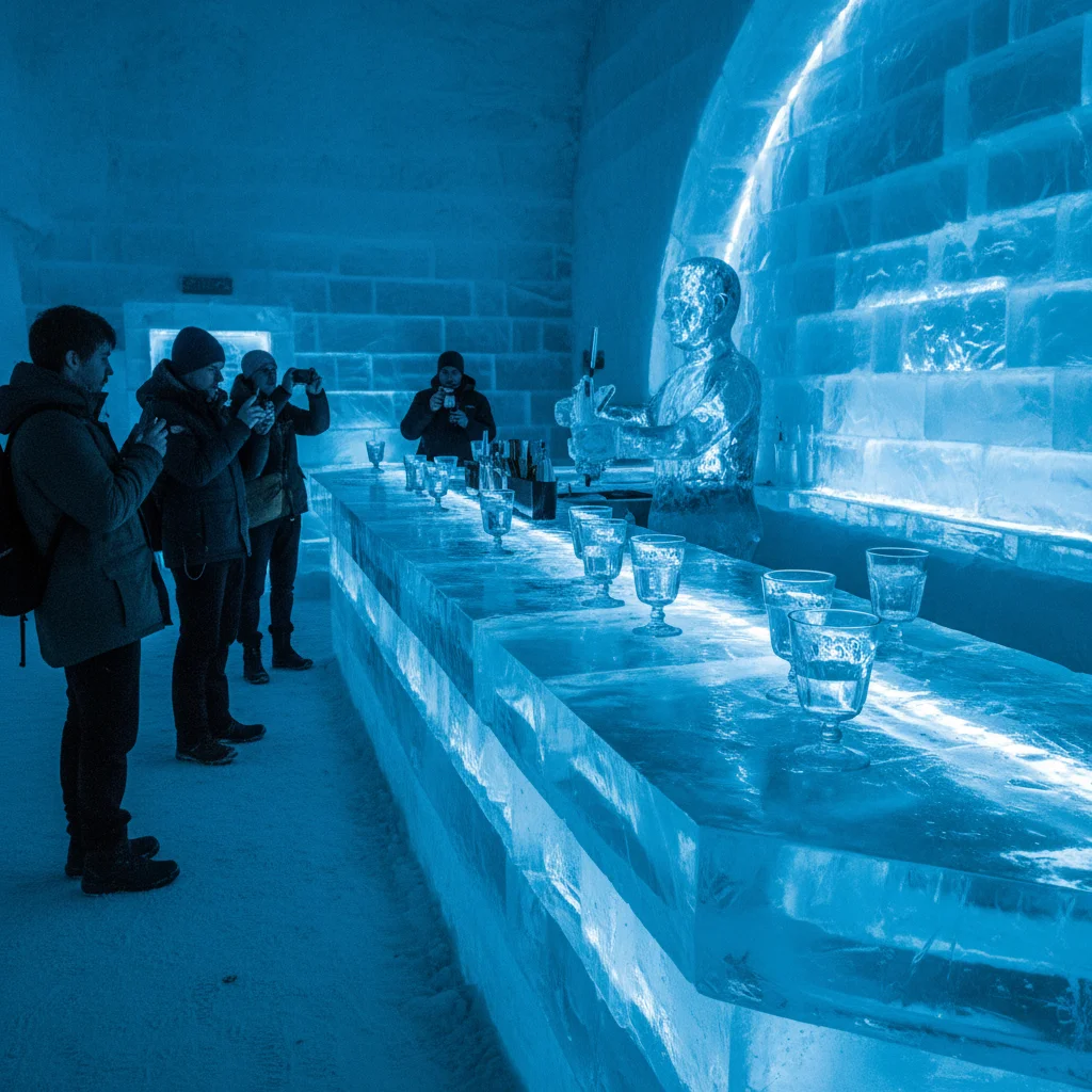 Bar im Icehotel mit Gläsern aus Eis und blauer Beleuchtung