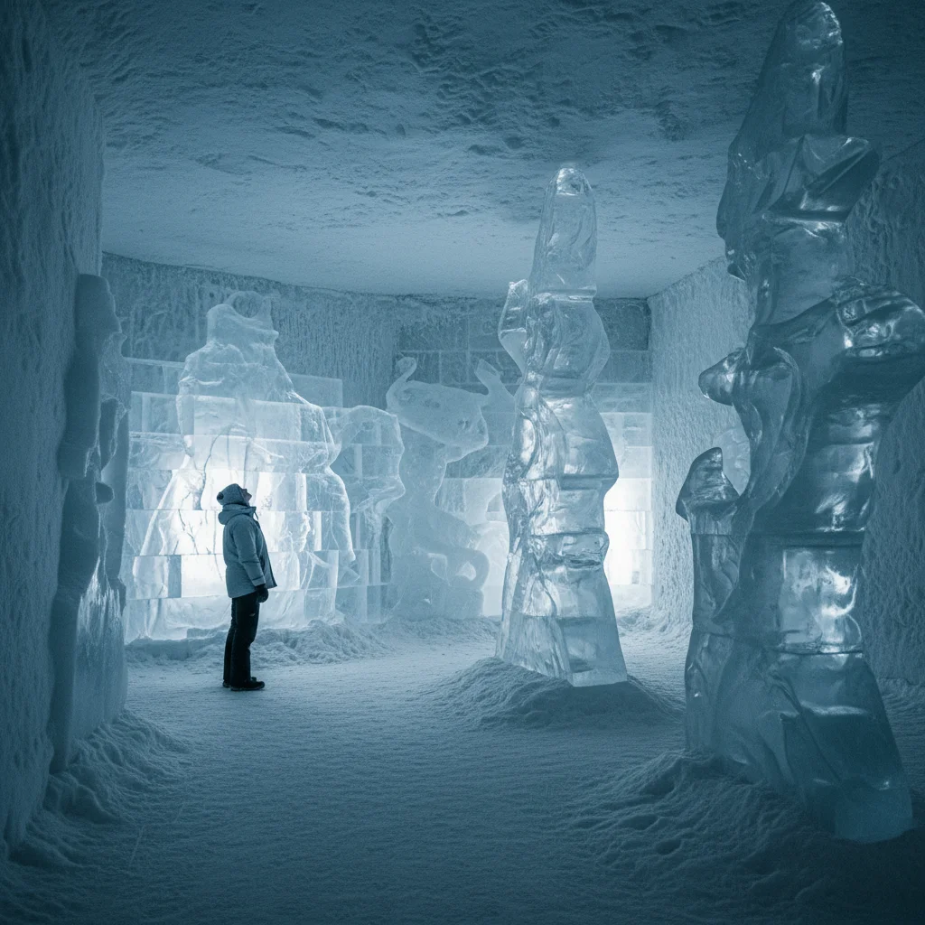 Kunstvoll gestalteter Raum im Icehotel Jukkasjärvi mit Eisskulpturen und blauer Beleuchtung