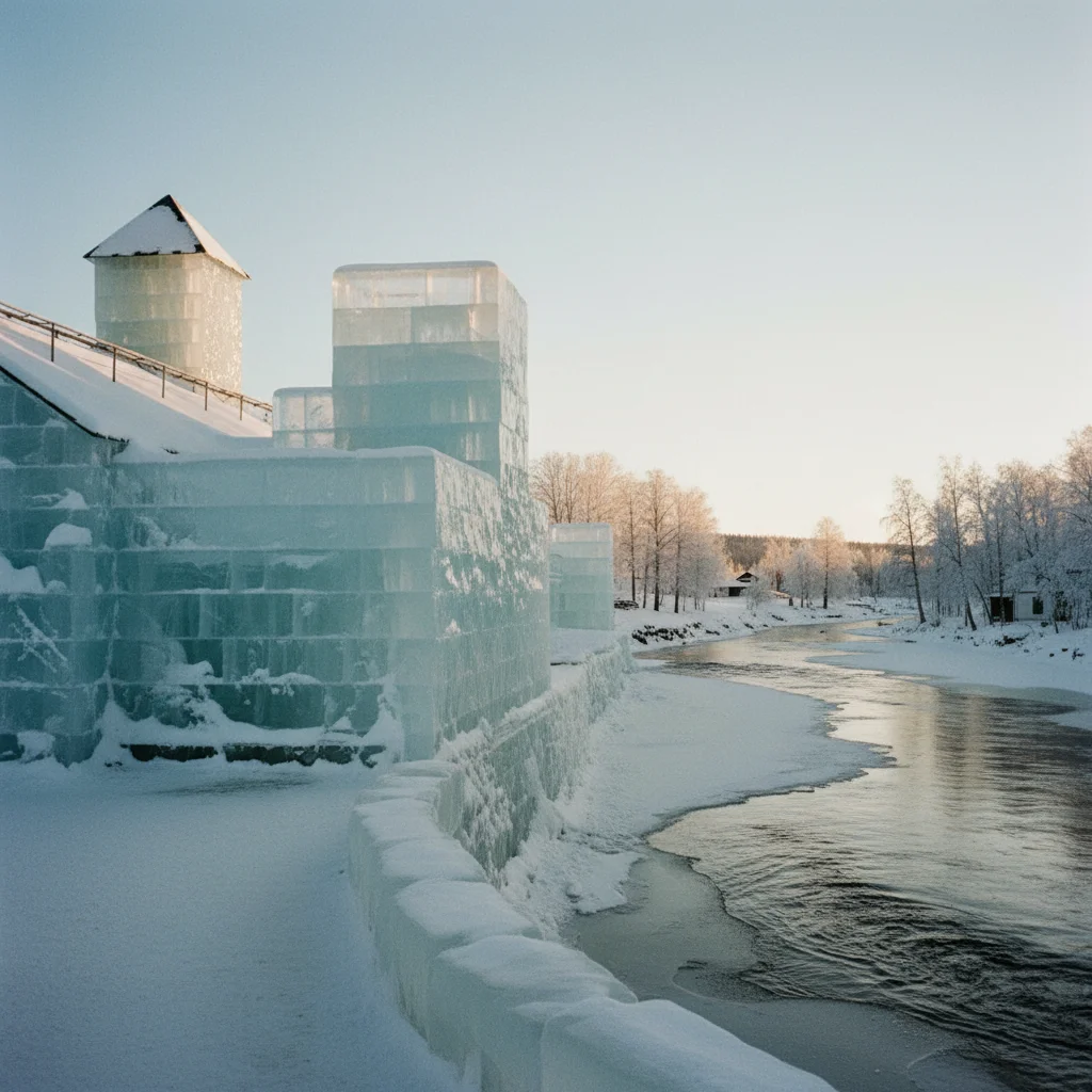 Außenansicht des Icehotel in Jukkasjärvi am Fluss Torne