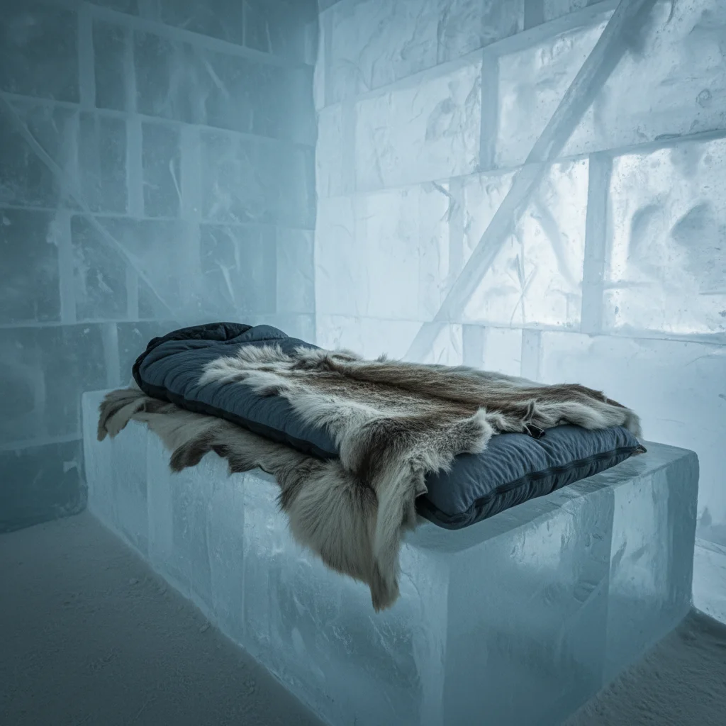 Schlafsack auf einem Eisbett mit Rentierfell im Icehotel