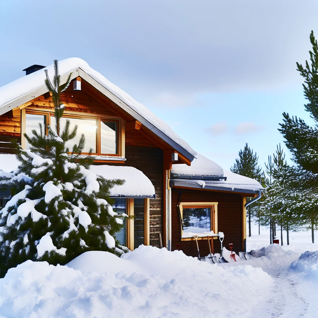 Finnisches Holzhaus im Winterschnee mit beleuchteten Fenstern