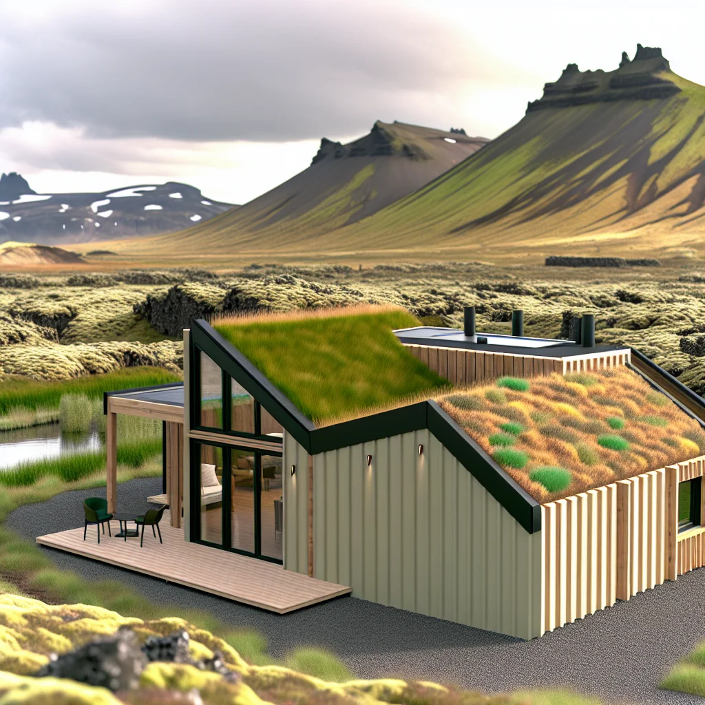 Ferienhaus in Island umgeben von gruener Natur und weitem Blick auf Berge