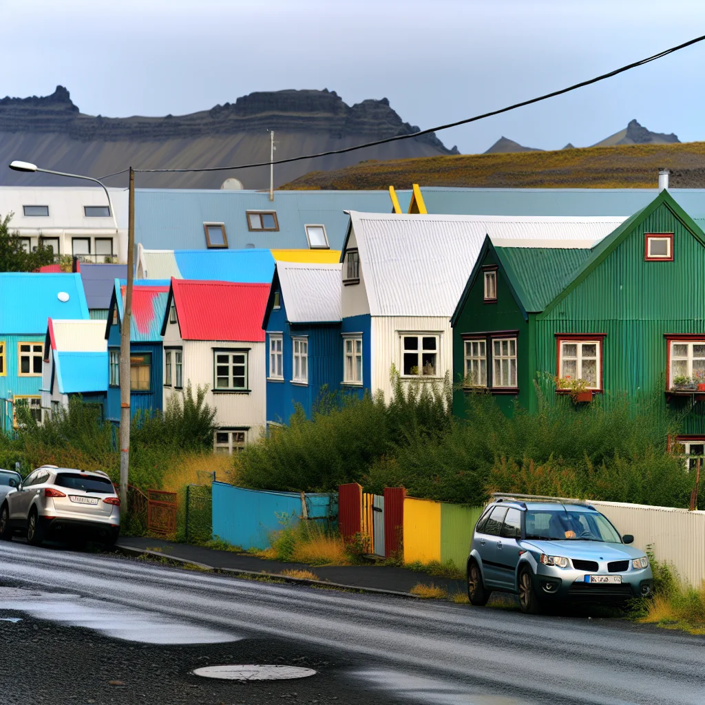 Bunte Wohnhäuser in Reykjavik mit Blick auf die Berge im Hintergrund