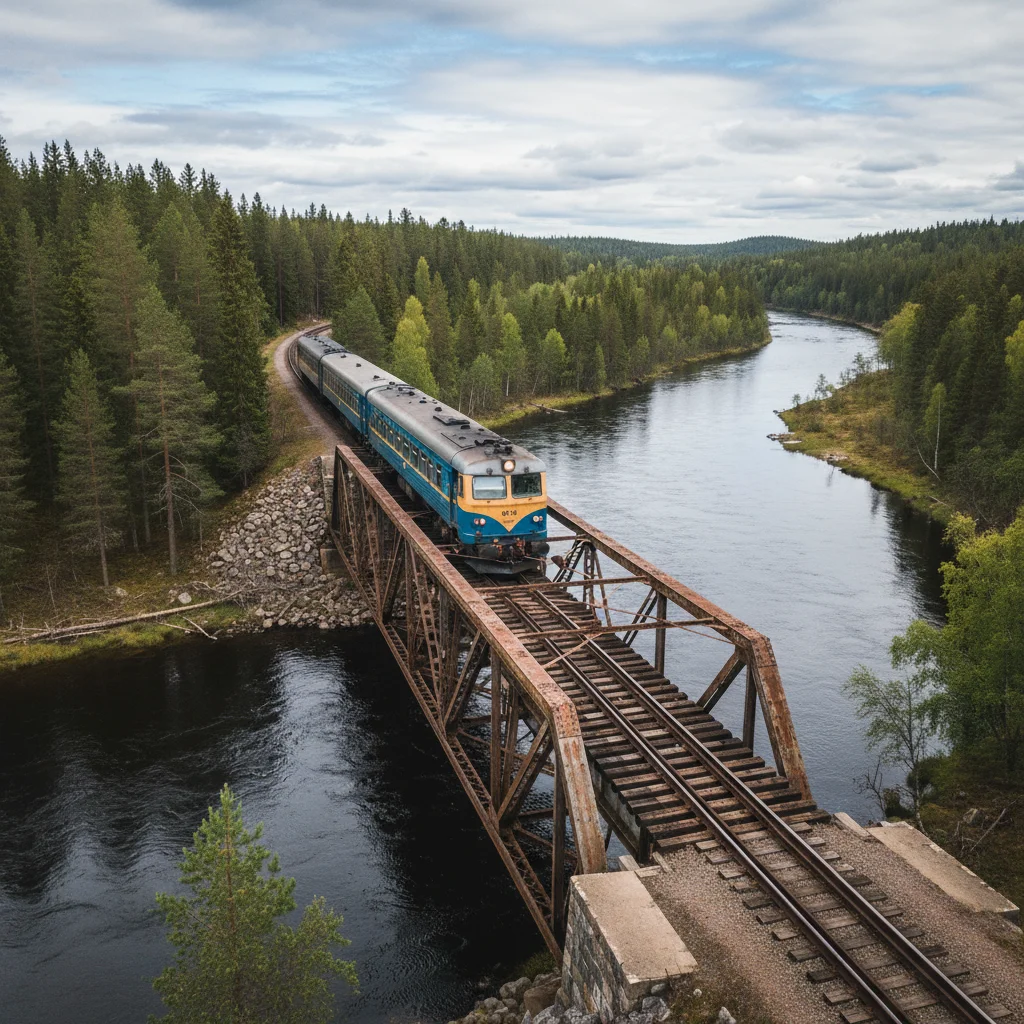 Inlandsbanan-Zug überquert eine Eisenbrücke über einen breiten schwedischen Fluss