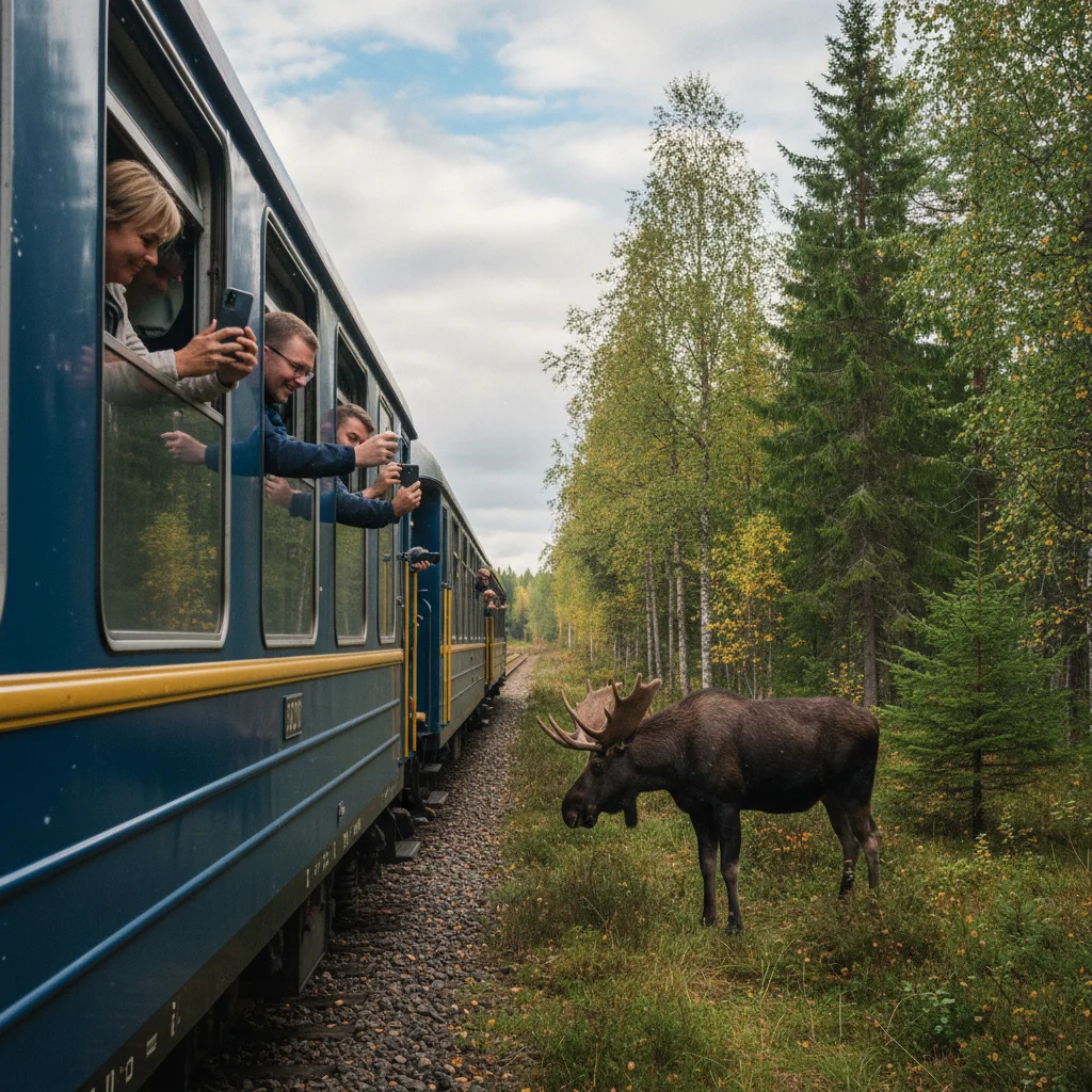 Elch steht neben den Bahngleisen der Inlandsbanan in nordschwedischer Landschaft