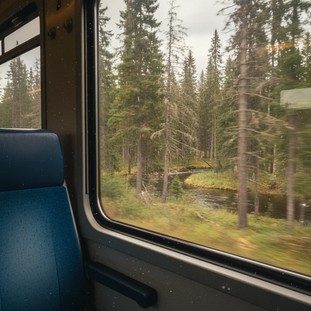 Blick aus dem Zugfenster der Inlandsbanan auf einen schwedischen See und Birkenwald