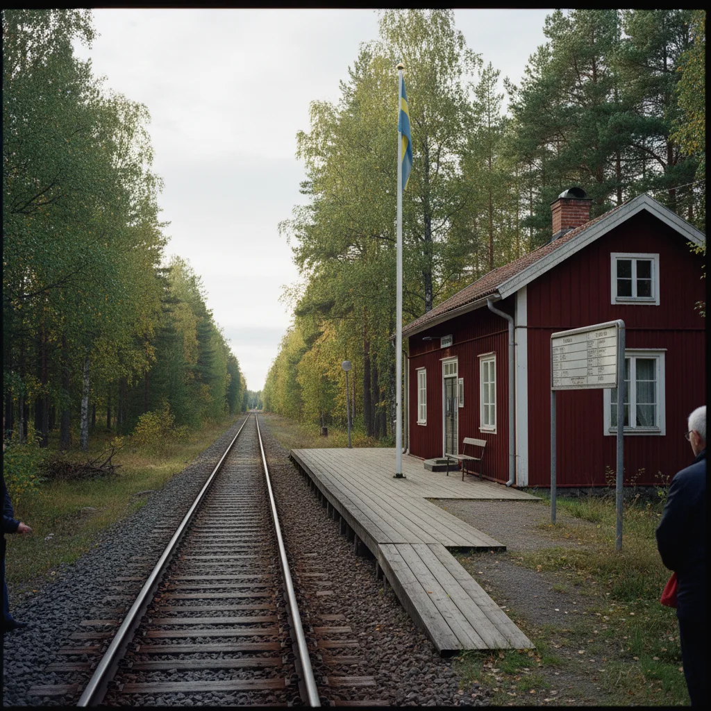 Kleine rote Holzstation der Inlandsbanan in einem schwedischen Dorf