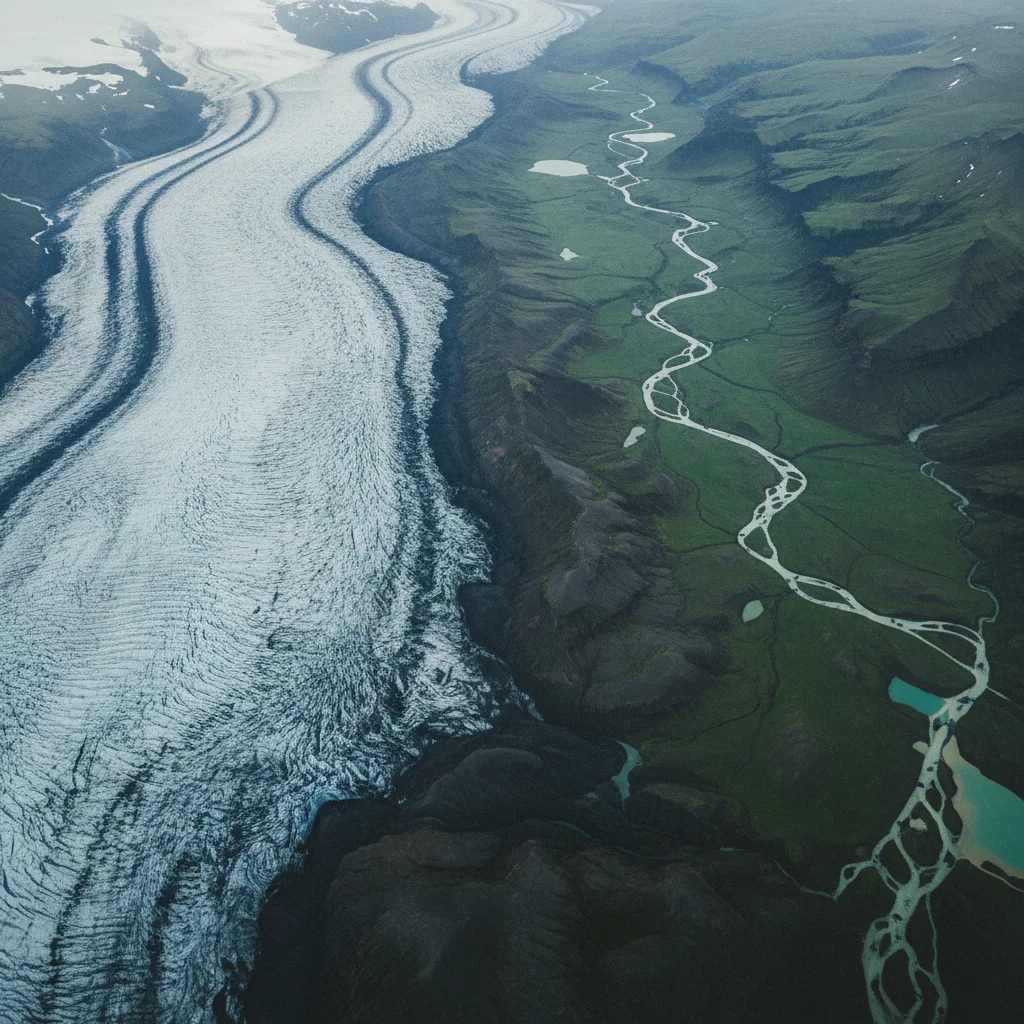 Luftaufnahme von Islands Landschaft aus einem Inlandsflugzeug mit Gletschern und grünen Tälern