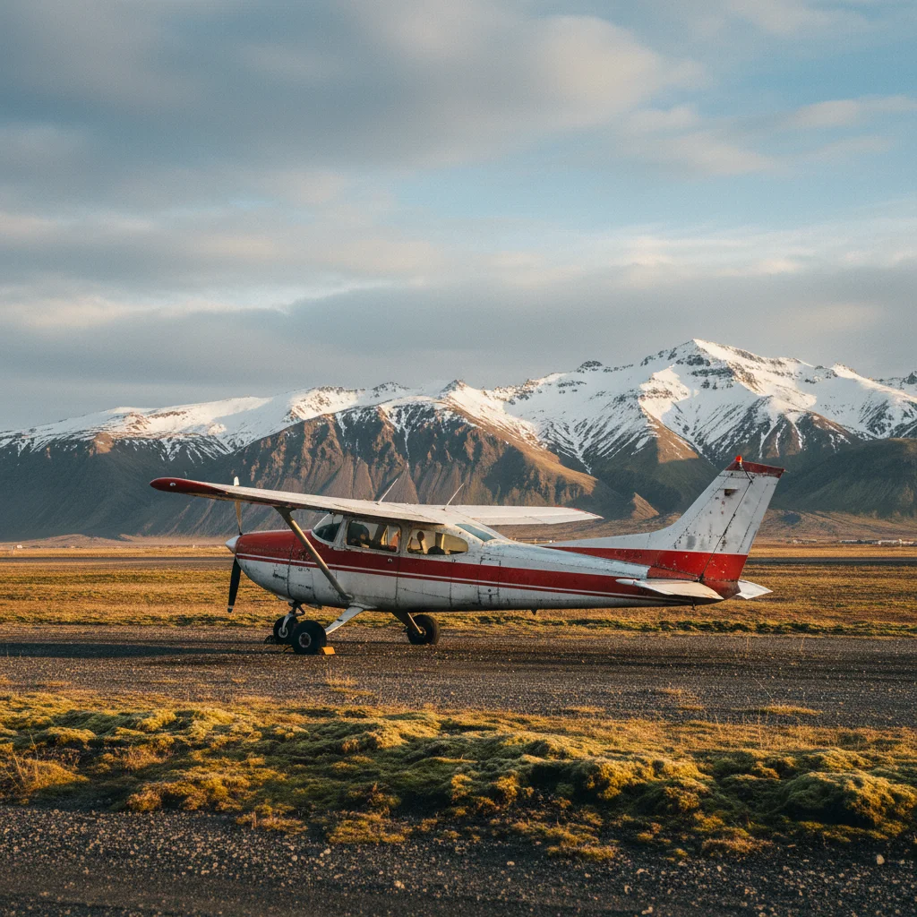 Kleine Propellermaschine auf einem Flugplatz in Island mit Bergen im Hintergrund