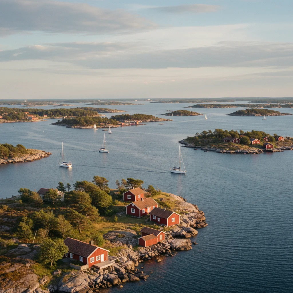 Blick über die Åland-Schären mit roten Holzhäusern und Segelbooten