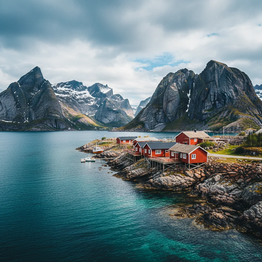 Rote Rorbuer-Hütten auf den Lofoten vor steil aufragenden Bergen