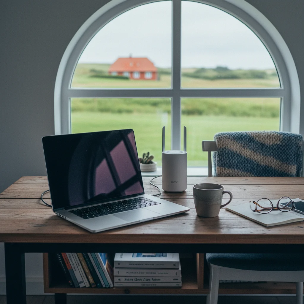 Laptop auf einem Tisch in einem dänischen Ferienhaus mit WLAN