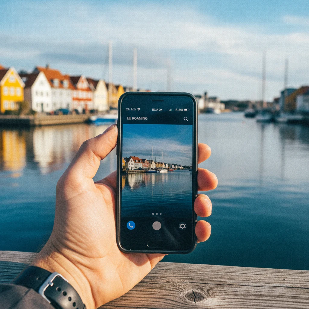 Smartphone mit EU-Roaming-Anzeige in Dänemark
