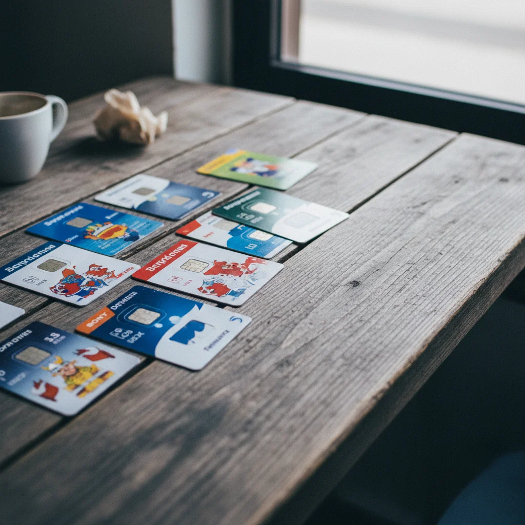Verschiedene dänische Prepaid-SIM-Karten auf einem Tisch