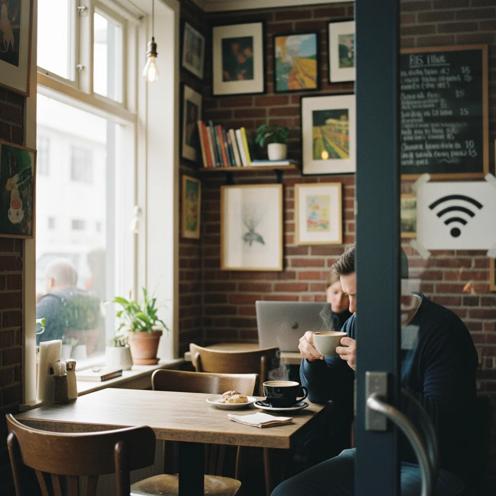 Gemütliches Café in Reykjavík mit Laptop und Kaffee, WLAN-Symbol am Eingang