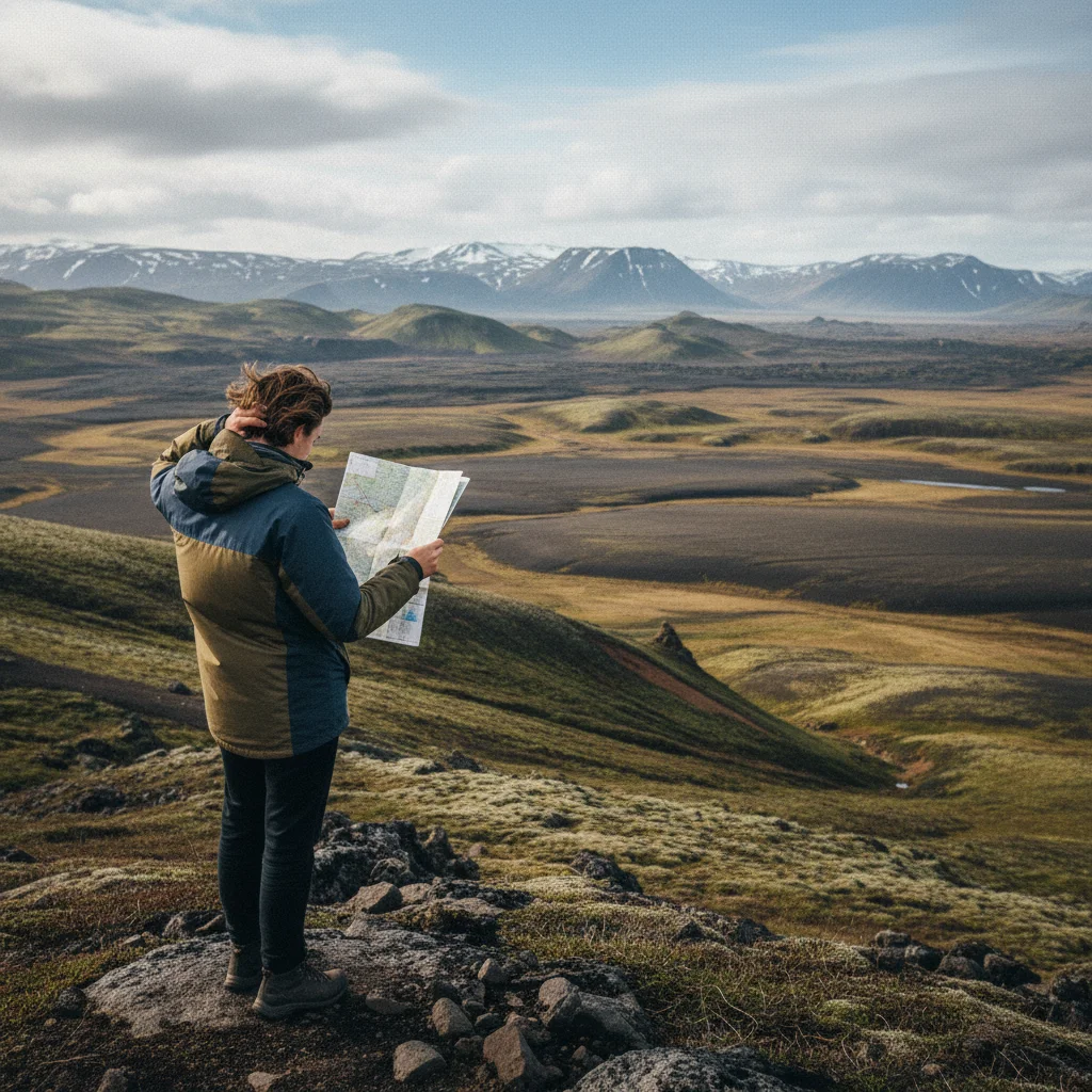 Wanderer im isländischen Hochland schaut auf eine Papierkarte ohne Smartphone-Empfang