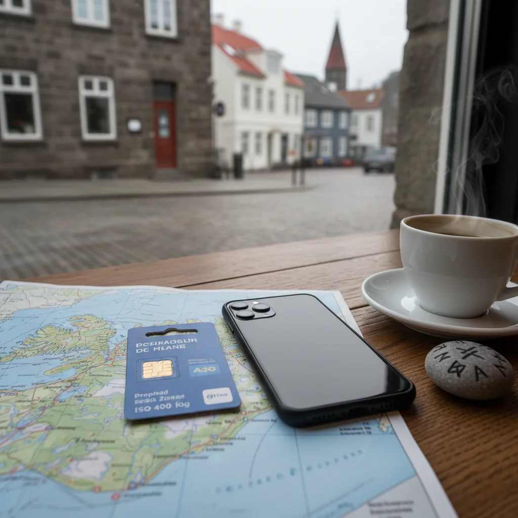 Prepaid-SIM-Karte und Smartphone auf einem Tisch mit isländischer Landkarte