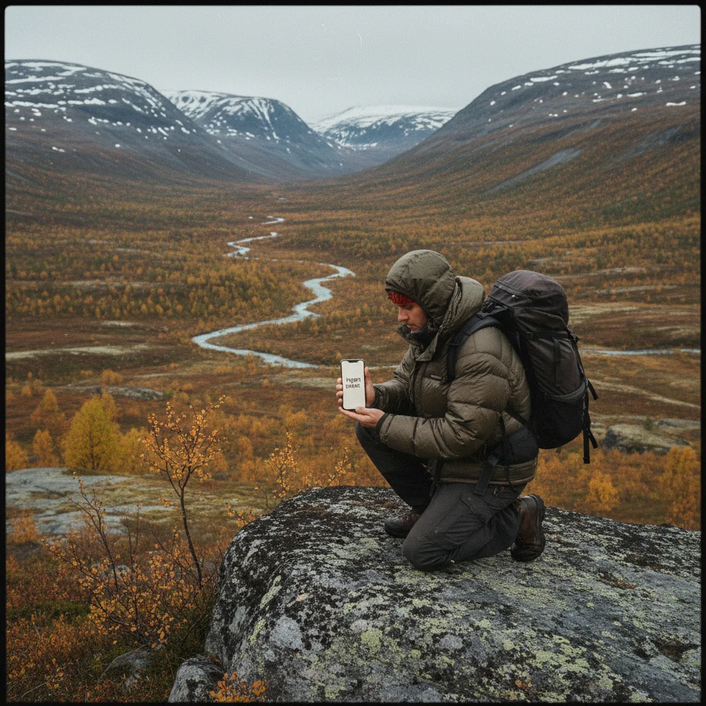 Wanderer in nordschwedischer Landschaft checkt Handyempfang vor Bergkulisse