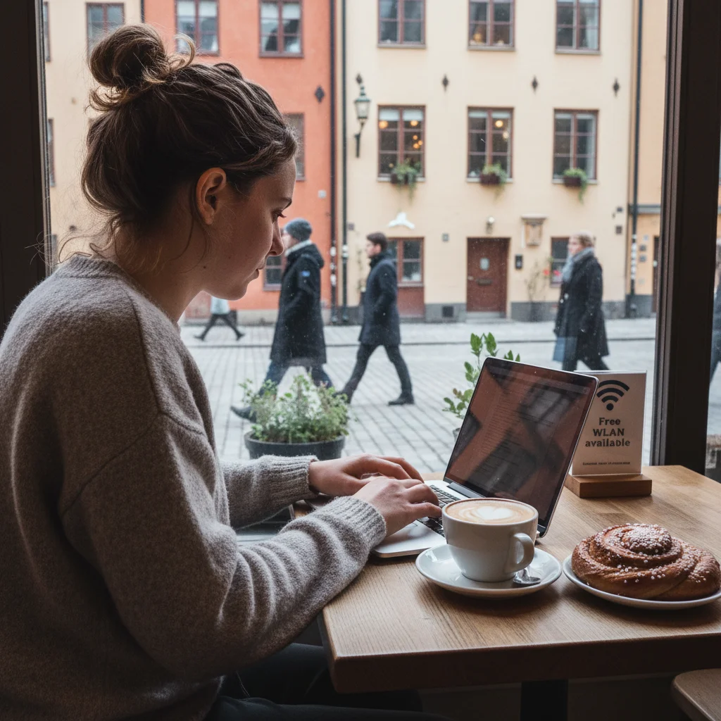 Person arbeitet am Laptop in einem schwedischen Café mit kostenlosem WLAN