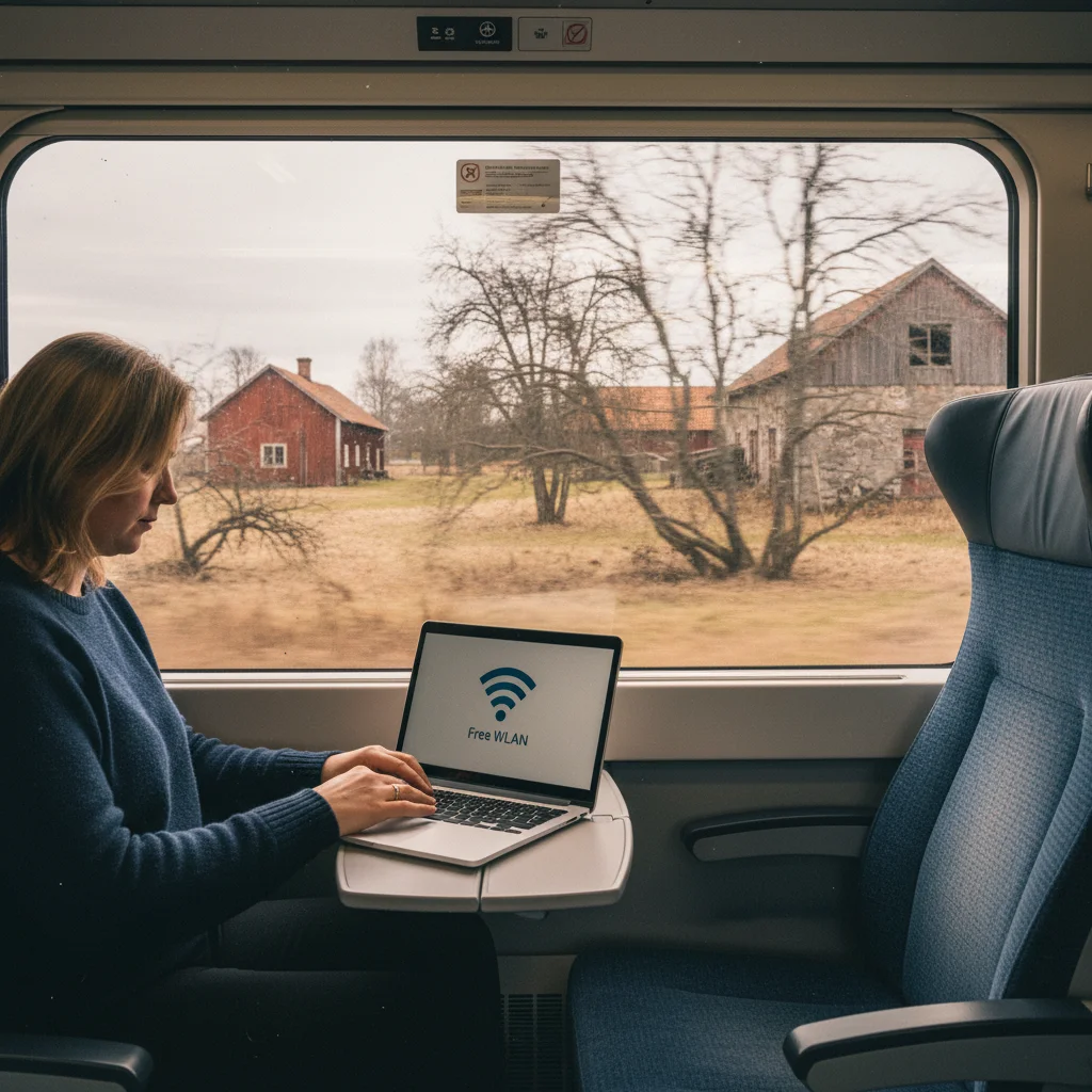 Person nutzt Laptop im schwedischen SJ-Zug mit WLAN-Verbindung