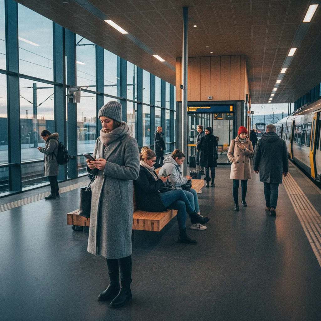 Moderner skandinavischer Bahnhof mit wartenden Reisenden
