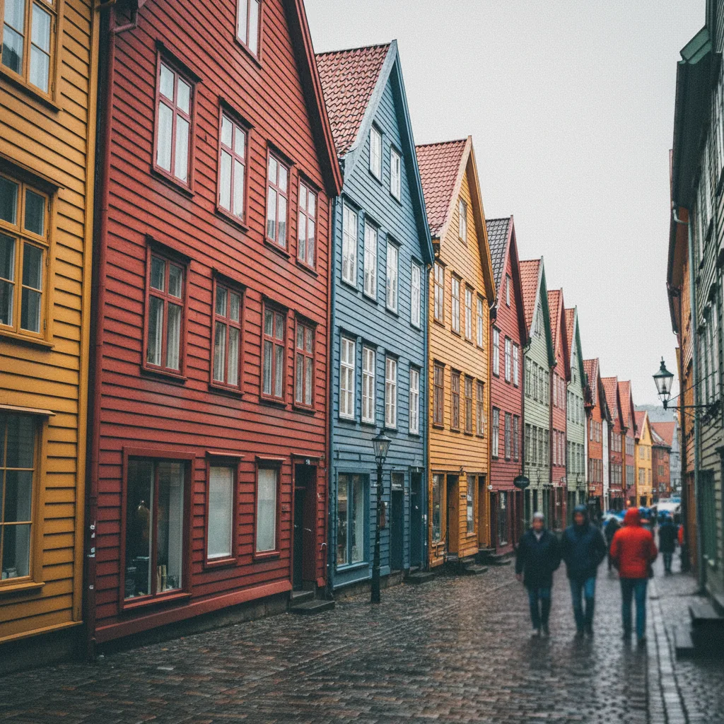 Blick auf die bunten Holzhäuser von Bryggen in Bergen