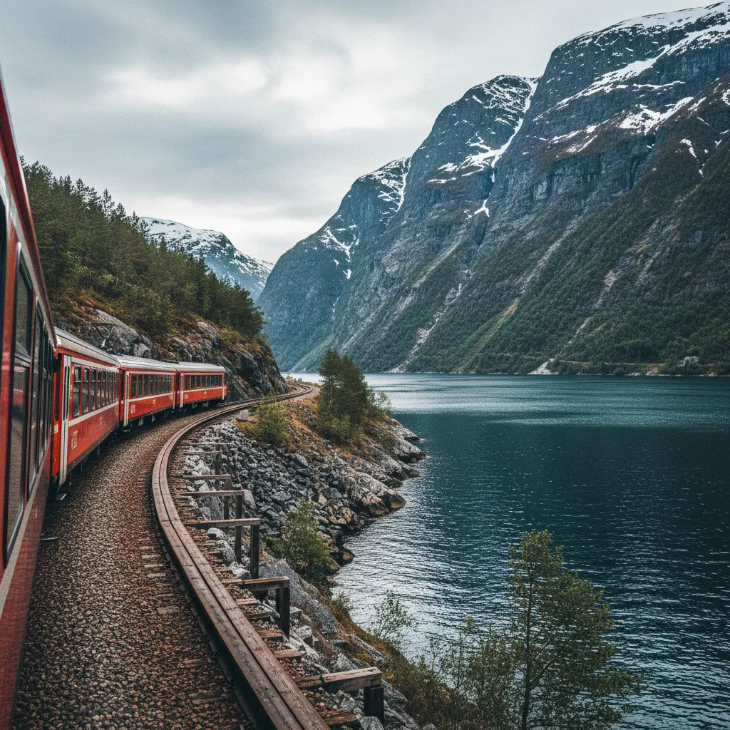 Zug fährt entlang eines norwegischen Fjords mit Bergen im Hintergrund