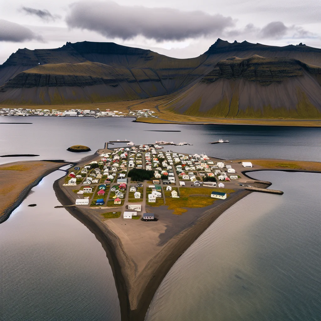 Ísafjörður auf der Sandbank im Fjord, umgeben von steilen Bergen