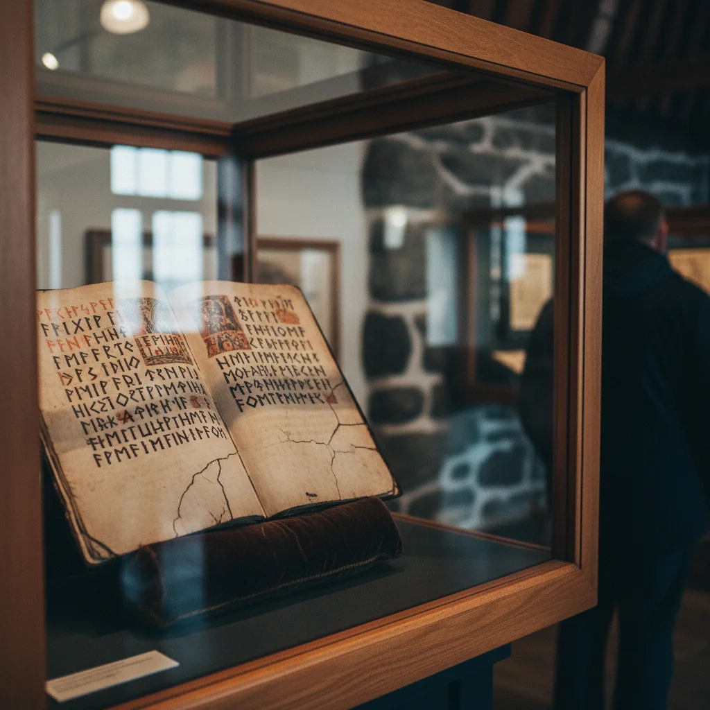 Alte isländische Saga-Handschrift in einer Museumsvitrine
