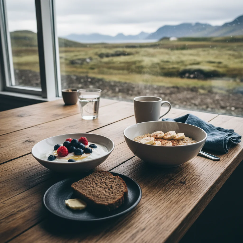 Isländisches Frühstück mit Skyr, Beeren und Haferbrei